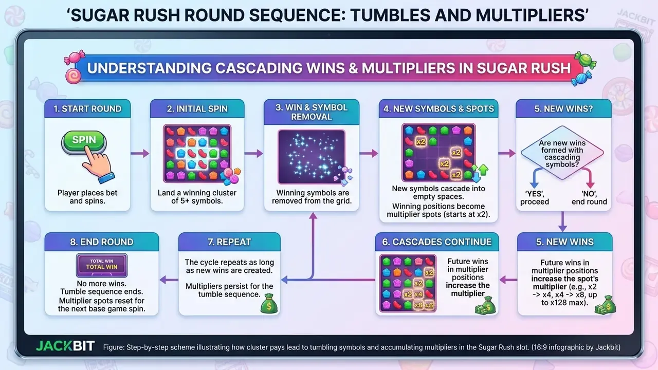 Sugar Rush slot cluster pays tumble and multiplier spots step-by-step scheme